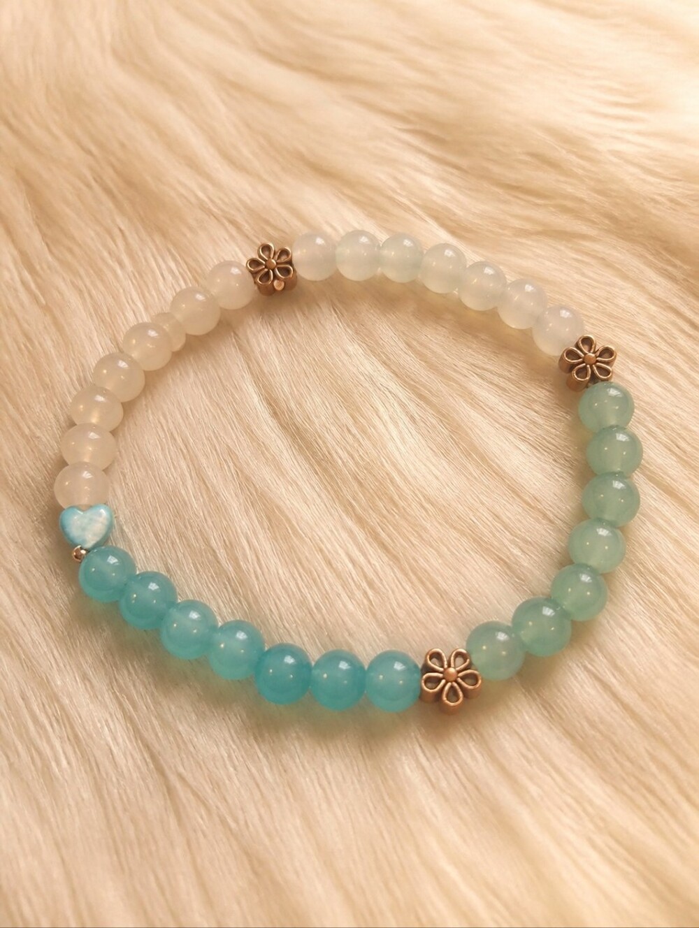 Sea Glass Beaded Stretch Bracelet with Gold Flower Accents - Green & White